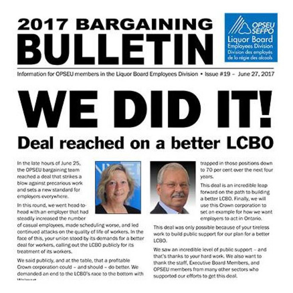 We did it! Deal reached on a better LCBO- 2017 LBED Bargaining Bulletin #19